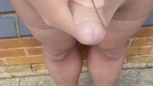 Big cum squirt in public in tan tights