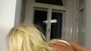 Sexy blonde teen in web costume gets her tanned face covered