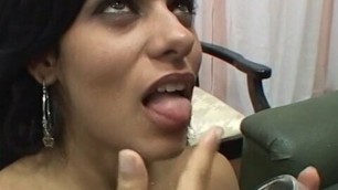 Spanish slut gets all holes fucked and drinks cum from glass