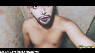 Alien boy jerking his big uncut cock in the shower and eating his own cum
