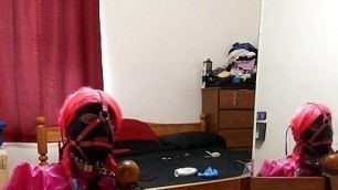 Sissy Maid Collared to Bed Post in Armbinder Self Bondage