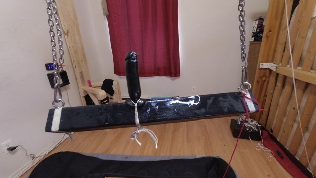 Sissy Maid Stuck on Huge Dildo on the Wooden Pony...