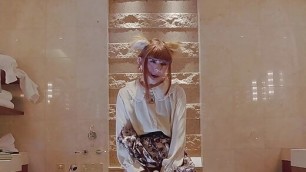 Japanese crossdresser with rabbit ear cum in a luxury hotel bathroom. cumdrop.