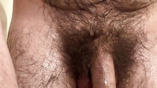 Skinny very hairy white dude strips down, oils up from head to toe, then masturbates furiously to intense shaking orgasm